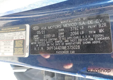 2021 Kia Forte Gt-Line из США, поврежденный, VIN 3KPF34ADXME375028